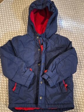 Boden Navy Hooded Puffer Jacket with Red Lining